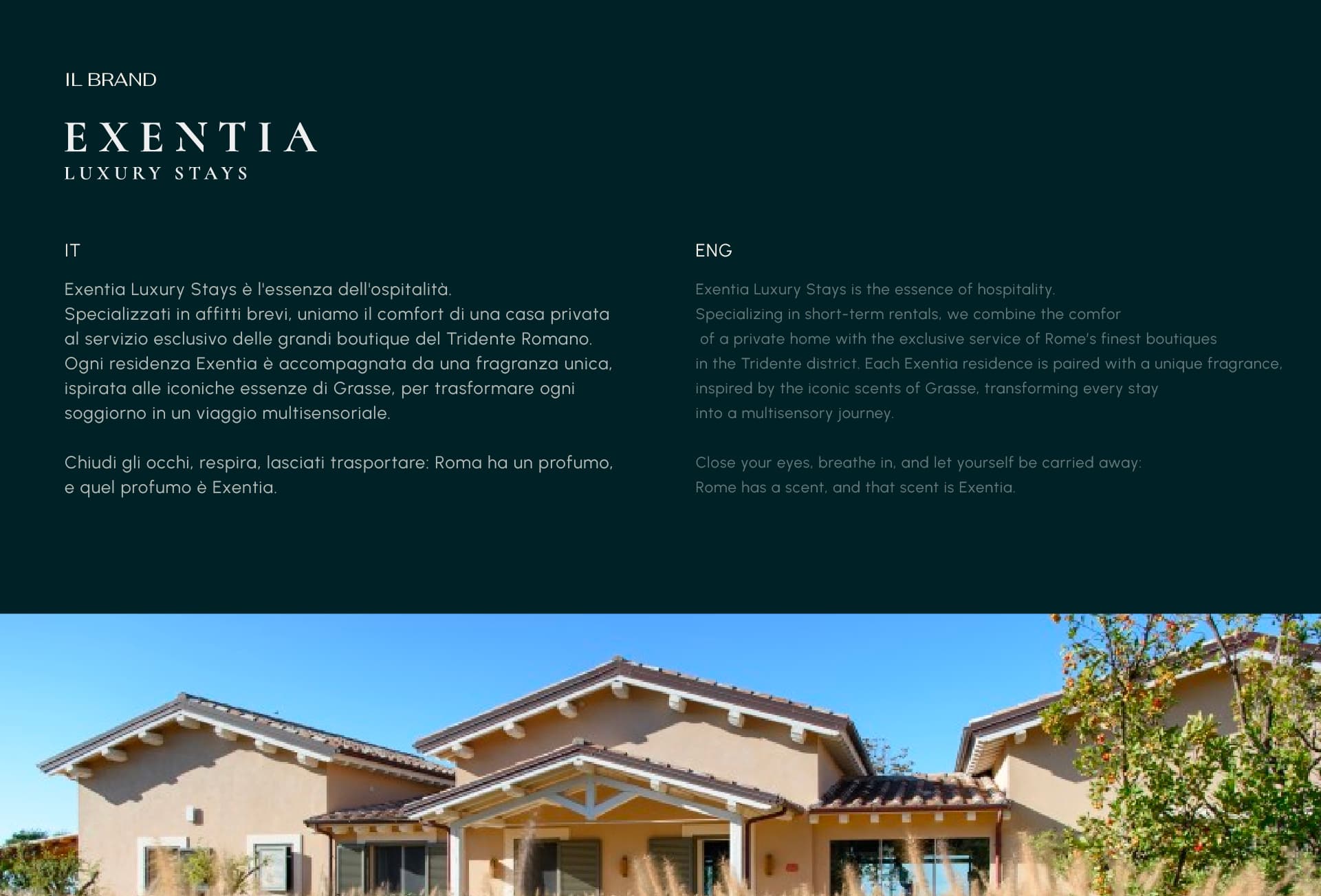 Exentia Luxury Stays brand introduction in Italian and English