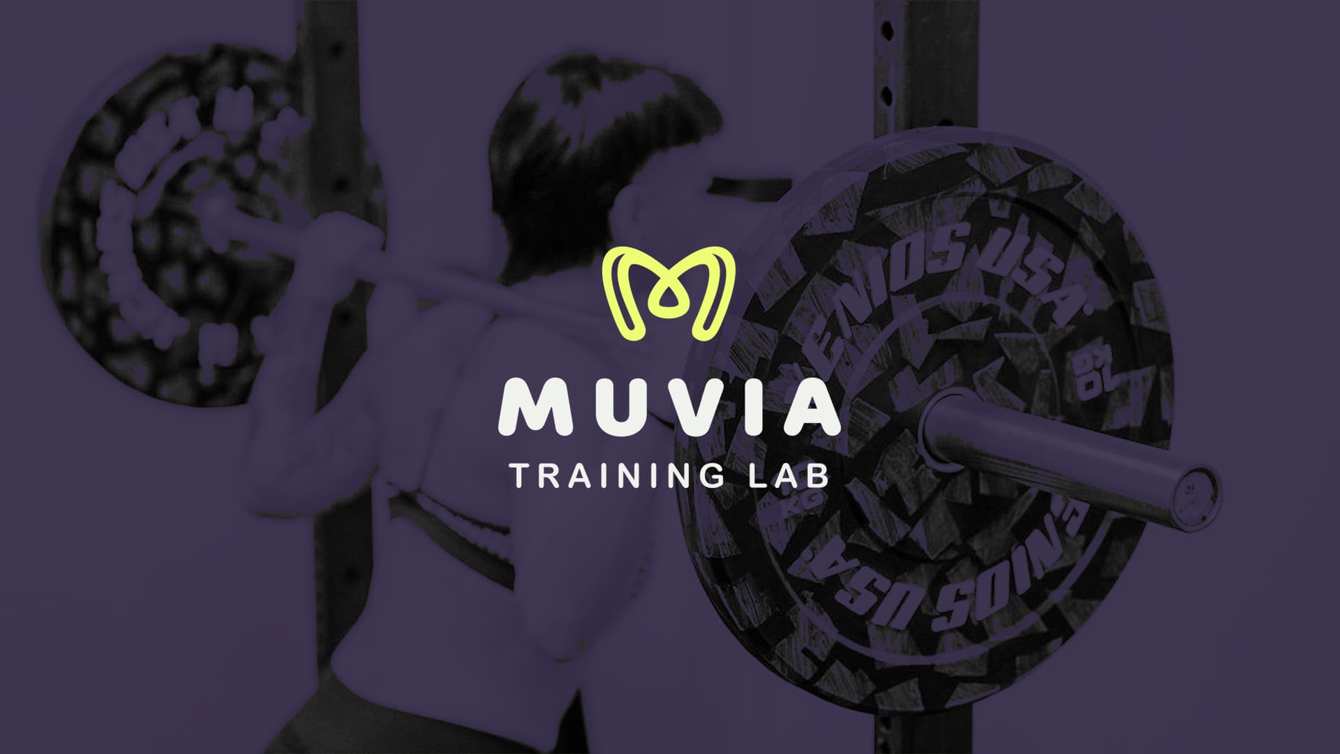 MUVIA Training Lab logo over a duotone photo of a woman lifting a barbell