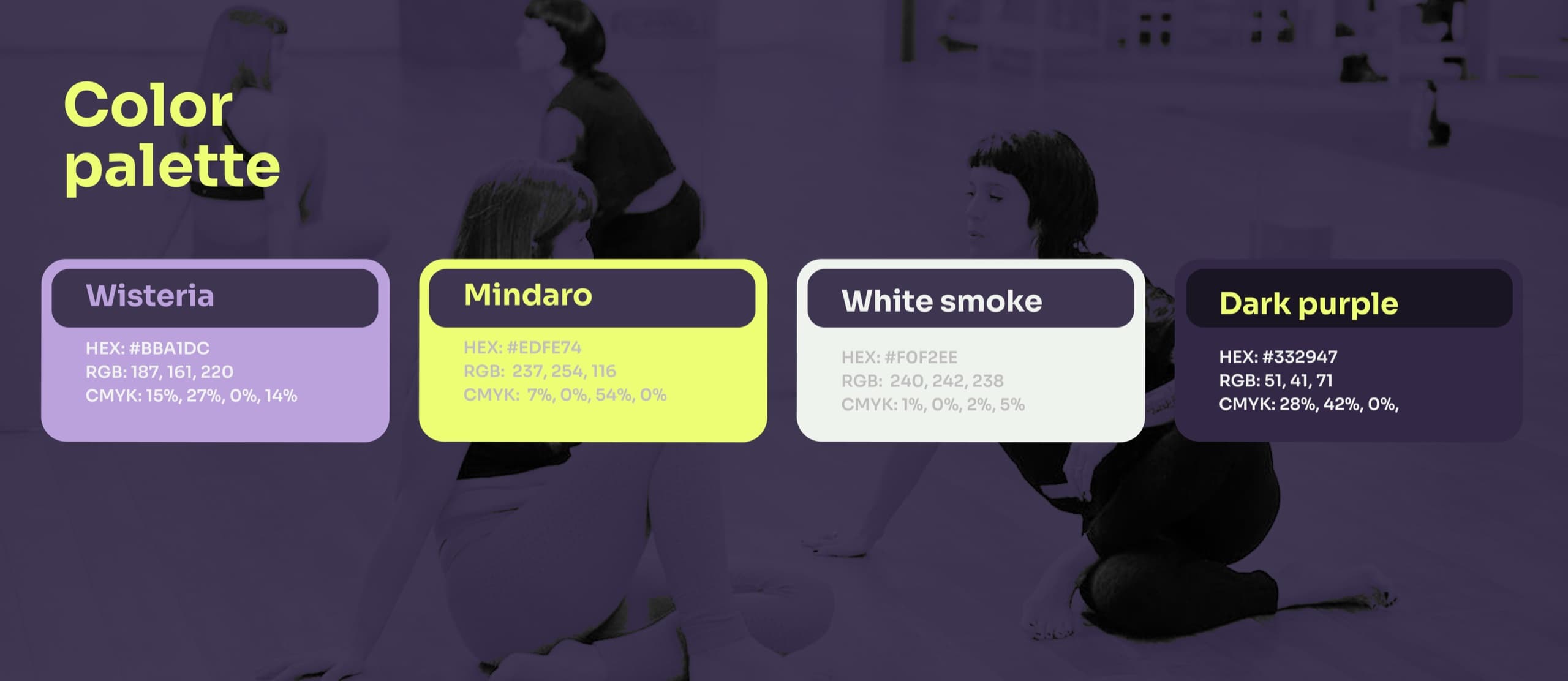 MUVIA colour palette: Wisteria, Mindaro, White smoke and Dark purple