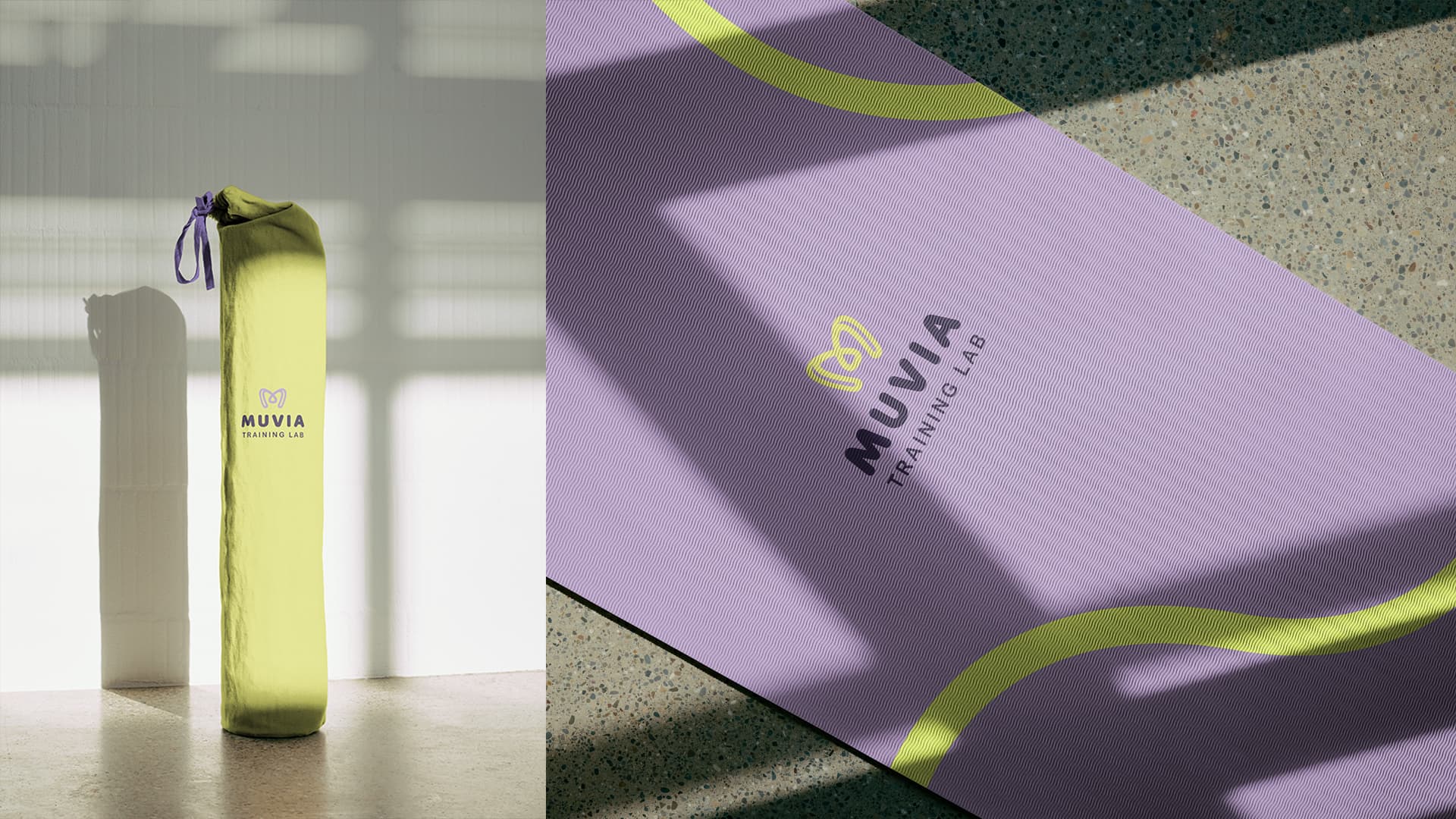 Branded MUVIA yoga mat bag and purple yoga mat
