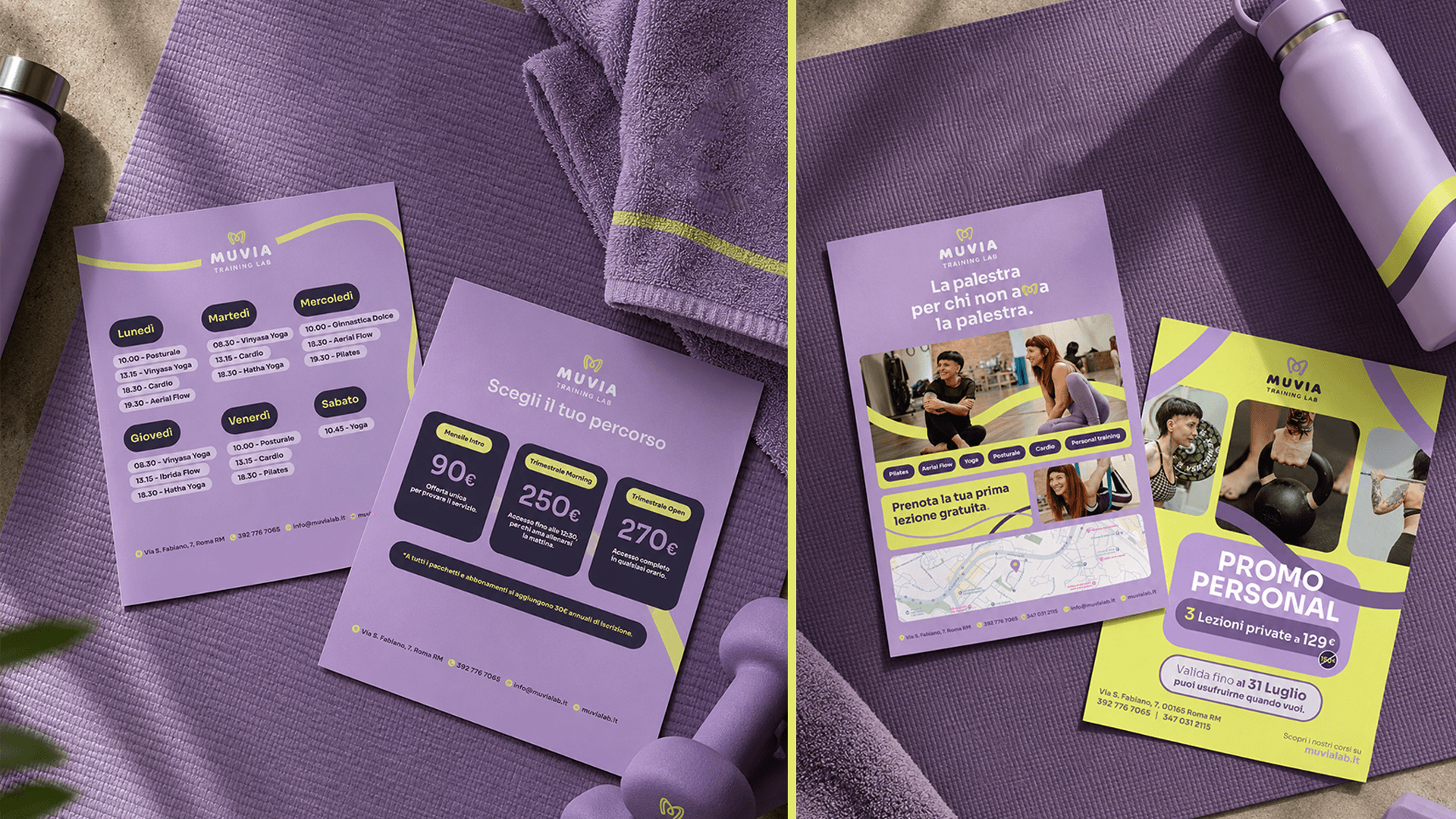 MUVIA printed flyers: weekly class schedule, price list and promotions